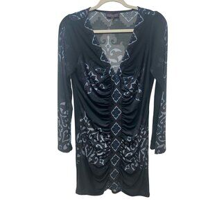 Hale Bob Black & Blue Long Sleeve Ruched V-Neck Dress L boho printed abstract